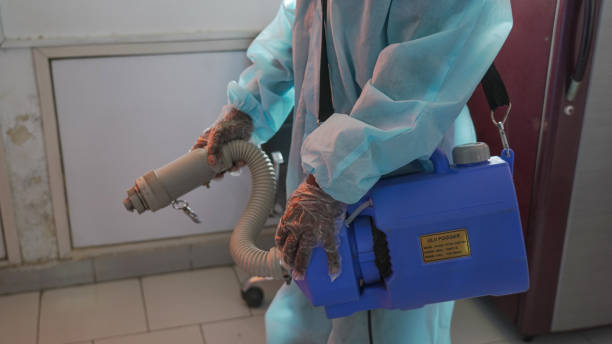 Sanitation worker sanitizing office during coronavirus pandemic